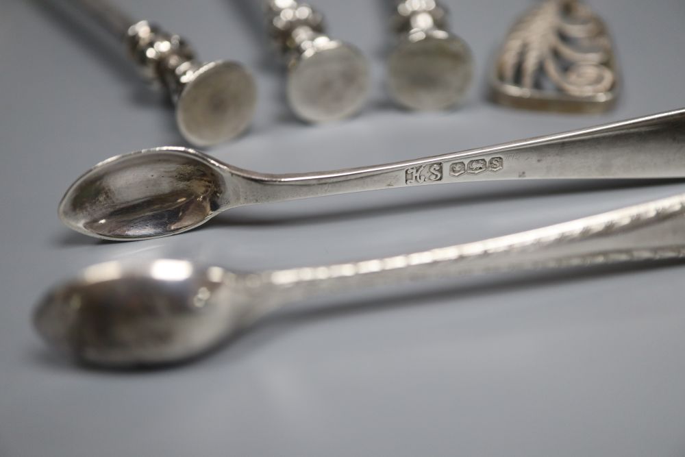 A pair of George V silver seal top serving spoons by Mappin & Webb, a silver sifter spoon, pair of silver tongs etc.